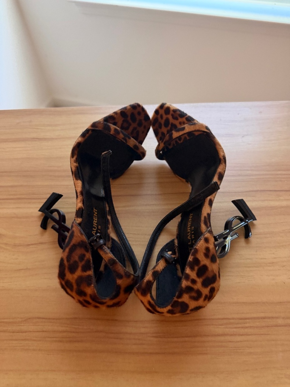 Saint Laurent Leopard Print Ankle Strap Heels. Size 36